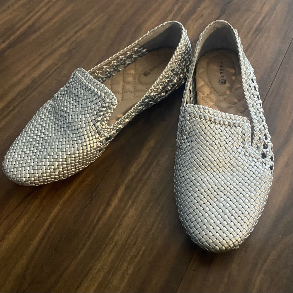 Birdies The Starling Silver Woven Women's Vegan Leather Slip On Loafers Size 8